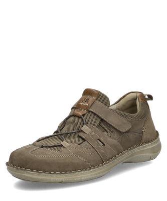 Braune Sandale aus robustem Material mit Klettverschluss und elastischen Schnürsenkeln. Die helle Sohle und Ziernähte betonen den sportlichen Look.