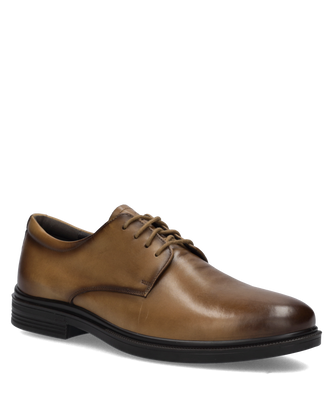 Brauner Halbschuh mit Schnürung aus glattem Leder. Er hat eine schwarze Sohle und eine schlichte Derby Form.
