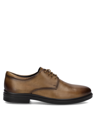 Brauner Halbschuh mit Schnürung aus glattem Leder. Er hat eine schwarze Sohle und eine schlichte Derby Form.