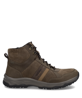 Braune Stiefelette aus veloursartigem Material mit schwarzer Schnürung und seitlichem Reißverschluss. Dunkle Sohle und seitliche Zierstreifen.