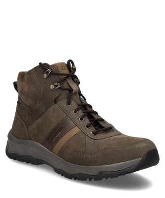 Braune Stiefelette aus veloursartigem Material mit schwarzer Schnürung und seitlichem Reißverschluss. Dunkle Sohle und seitliche Zierstreifen.