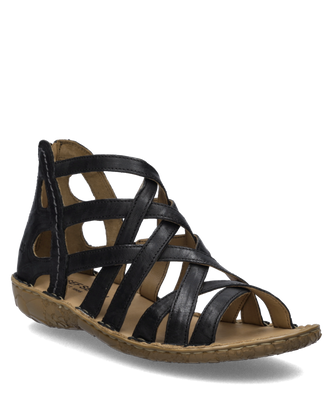 Schwarze Sandale mit breiten Riemen und seitlichem Reißverschluss. Die braune Sohle zeigt ein strukturiertes Profil.