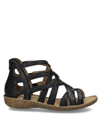 Schwarze Sandale mit breiten Riemen und seitlichem Reißverschluss. Die braune Sohle zeigt ein strukturiertes Profil.