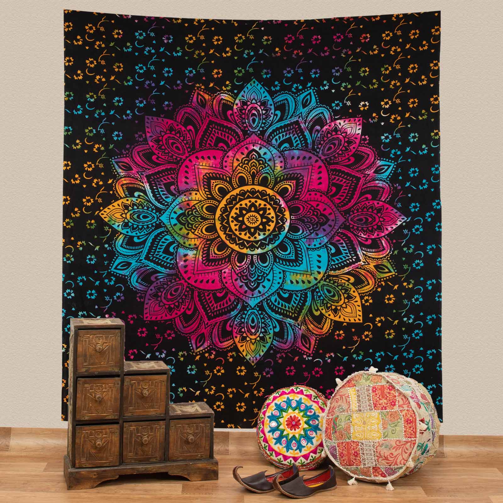 Kunst und Magie Tagesdecke Wandbehang Bunt Deko Tuch Lotus Mandala Meditation ca. 200 x 230cm