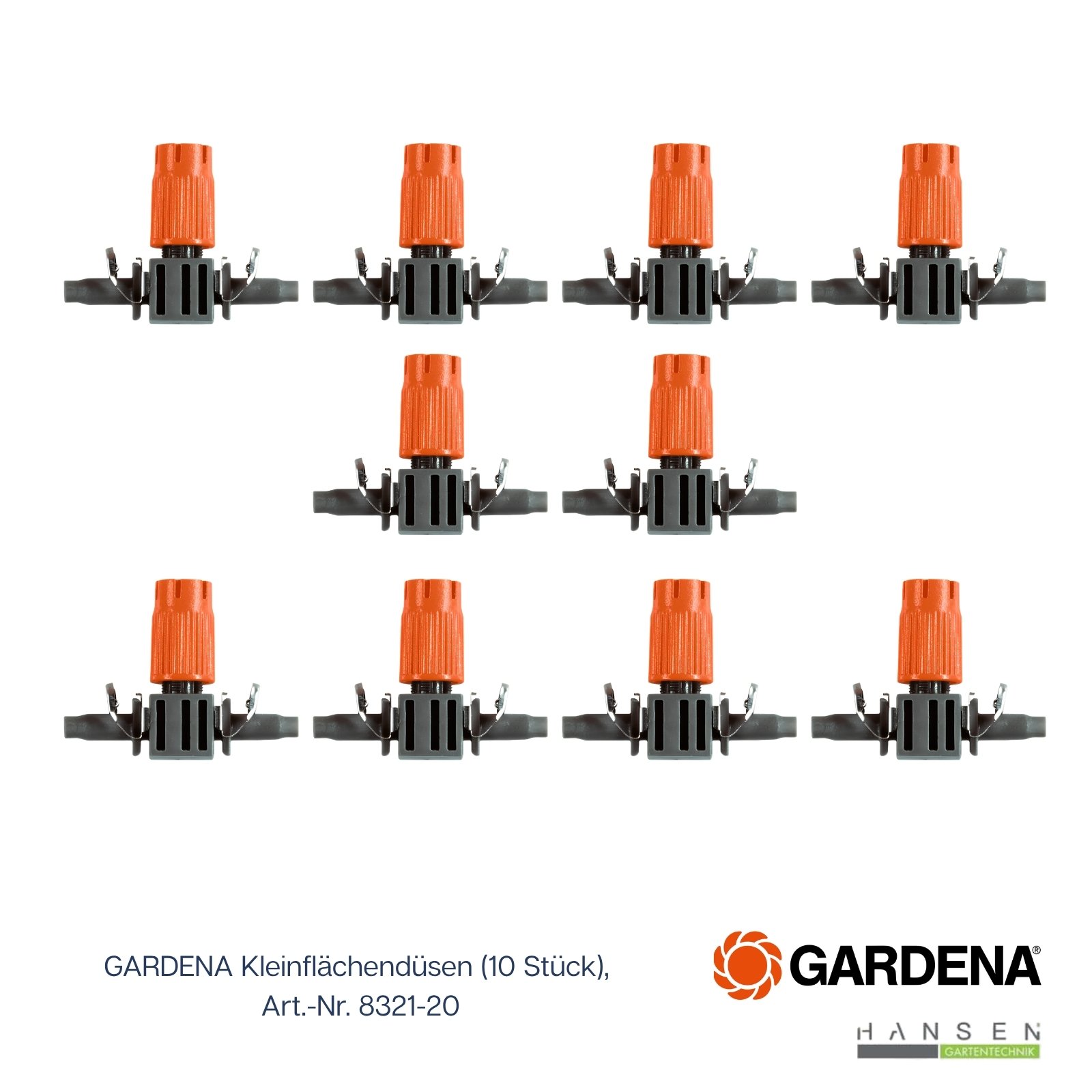 Abbildung zeigt freistehendes Produktbild zum Lieferumfang (10 Stück) zu GARDENA MDS Kleinflächendüse, GARDENA Art.-Nr.: 8321-20