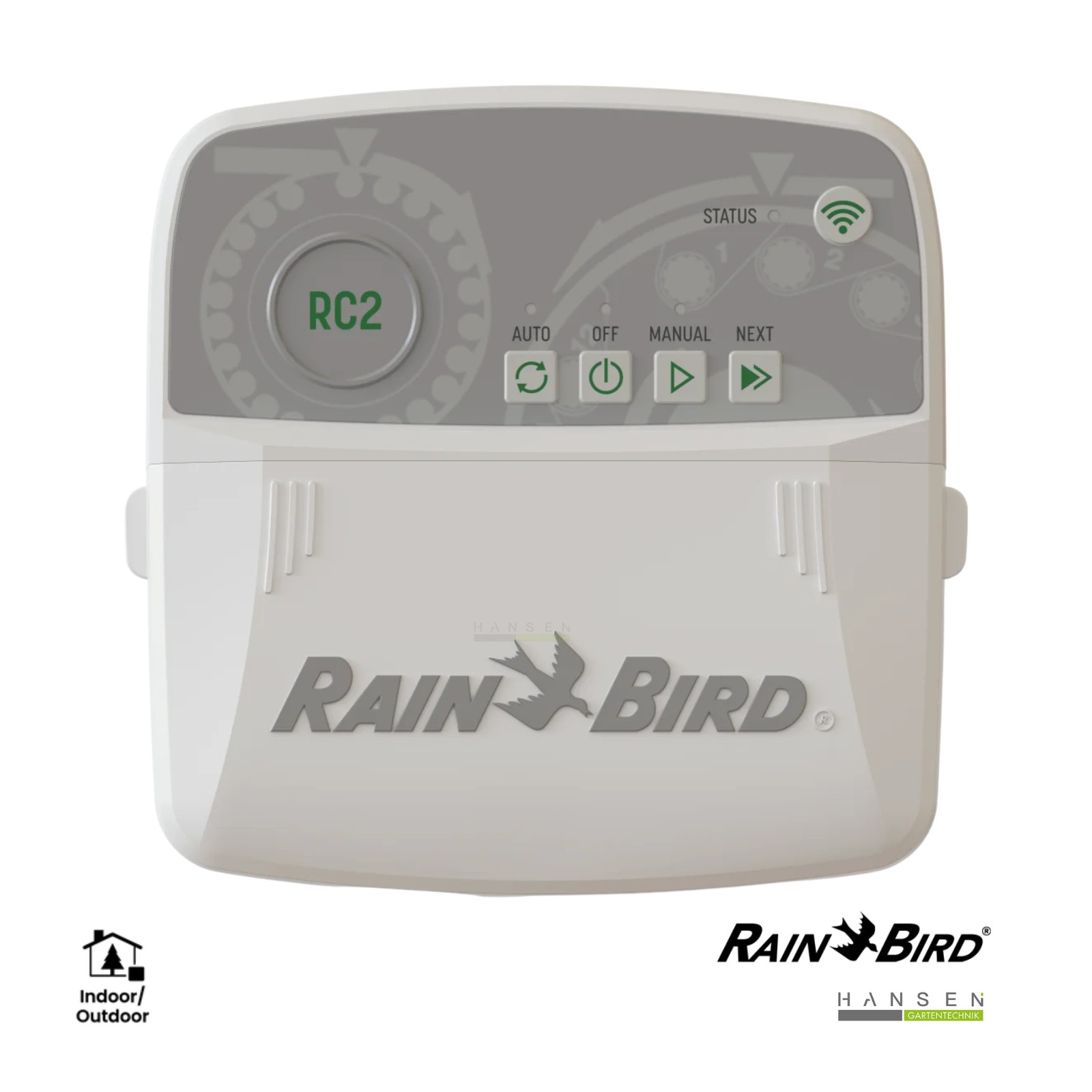 Abbildung zeigt freigestelltes Produktbild mit Frontansicht zu Rain Bird RC2 230V 6 Stationen Indoor Controller, Art.- Nr.: F56156 Mod. RC2I6-230