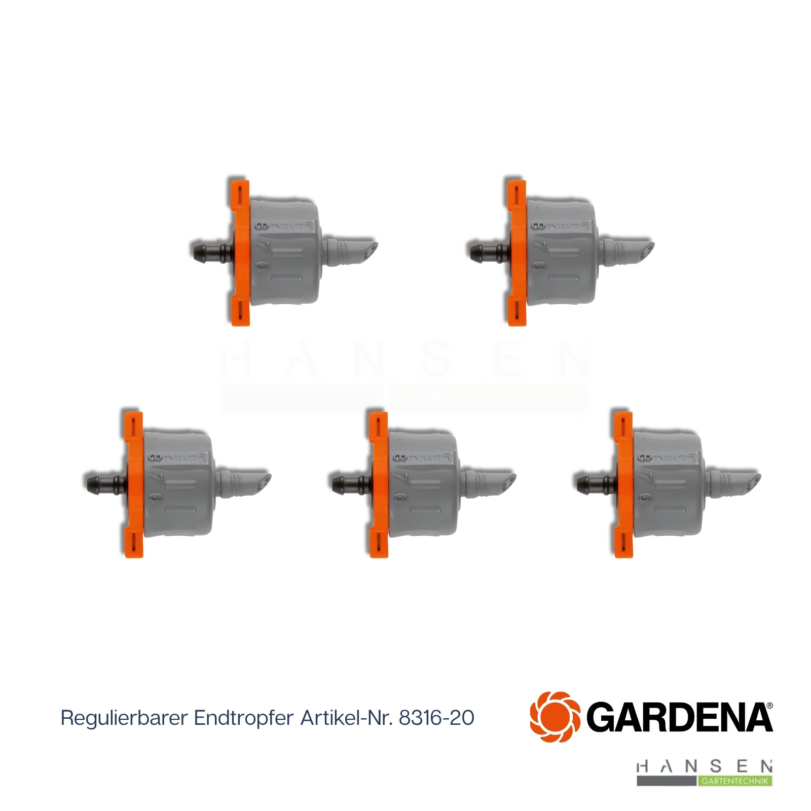 Abbildung zeigt freistehendes Produktbild zum Lieferumfang (5 Stück) zu Gardena regulierbarer Endtropfer 1–8 l/h, GARDENA Art.-Nr.: 8316-20