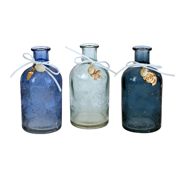 Deko-Flasche Vase blau mit Muschelanhänger