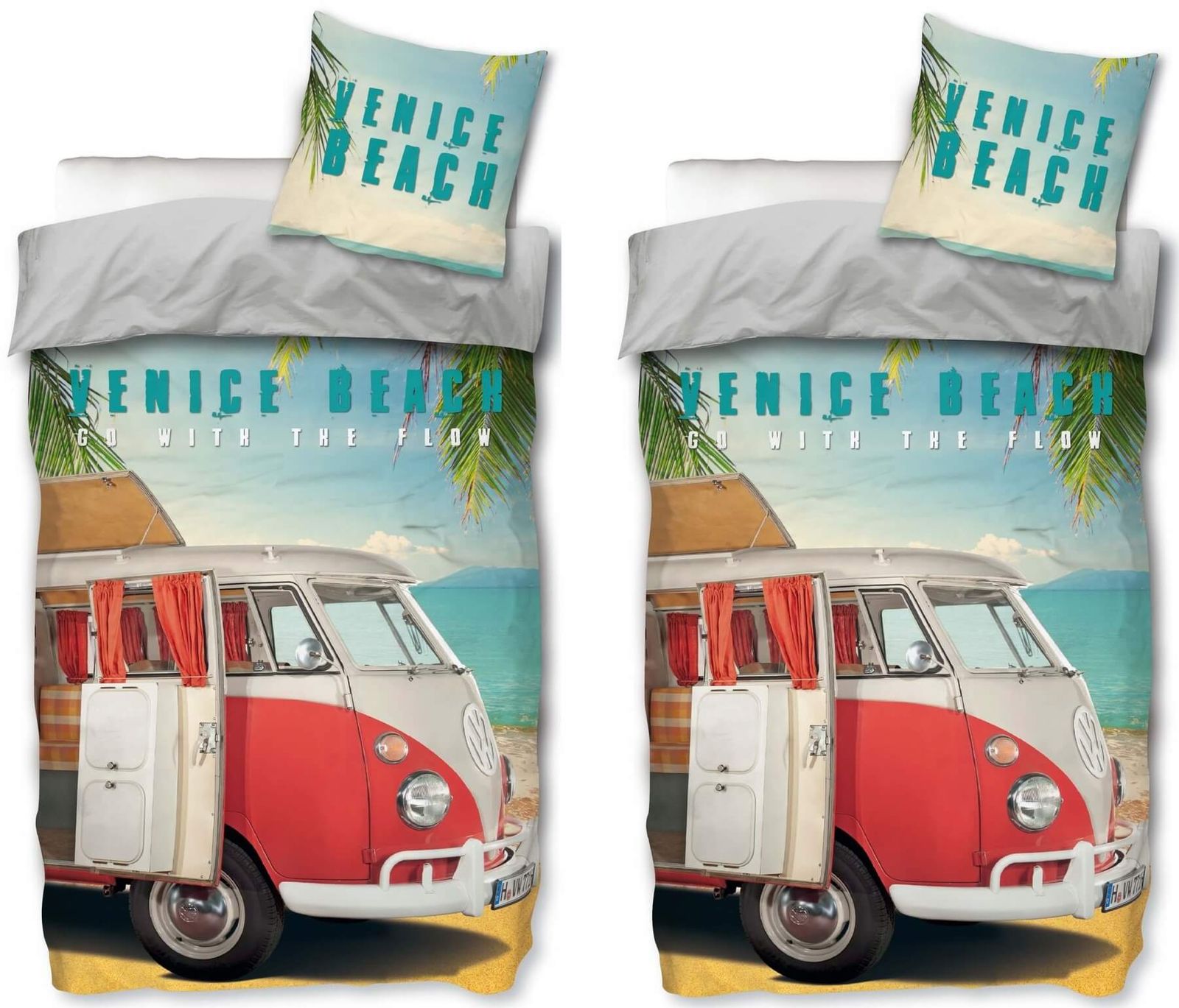 VW Bulli Partner-Bettwäsche-Set Doppelbett Bus T1 Venice Beach 135x200 80x80 VW Bulli Partner-Bettwäsche-Set Doppelbett Bus T1 Venice Beach 135x200 80x80