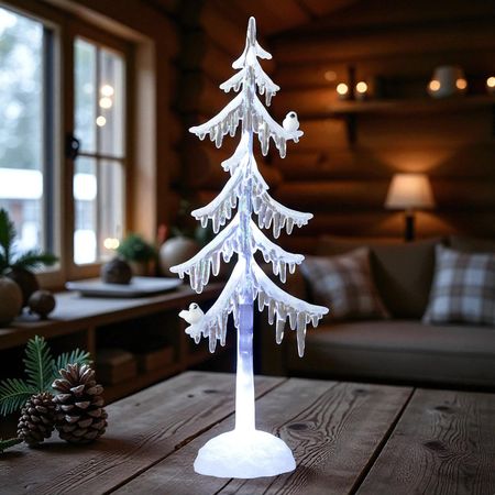 formano LED Weihnachtsbaum Acryl 25 cm Dekobaum mit Licht & Vogel – Winterdeko mit Schnee-Effekt & Eiszapfen – stilvolle Weihnachtsdeko batteriebetrieben – klare Deko für Tisch & Fenster