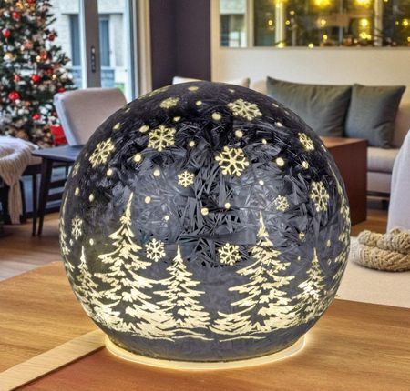 formano LED Deko-Kugel Frosty Schwarz 12 cm Glaskugel Timer 6h / 18h Weihnachten Deko - Farbglas in geeister-Optik mit winterlichem Dekor