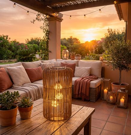 formano Solarlaterne Außen Garten Rattan Laterne 3 LED Birnen 38 cm Solarleuchte mit Dämmerungssensor, IP44 wetterfest, dekorative Solarlampe für