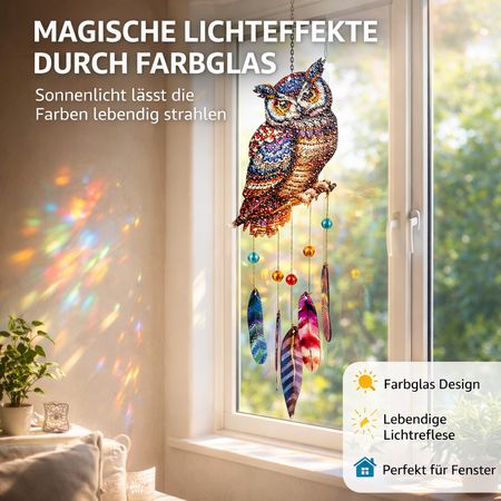 formano Eulen Fensterhänger aus Farbglas Deko Hänger Eule 60 cm Bunter Glas Fensterhänger mit Federn Kunstvoller Glasanhänger für Fenster, Balkon oder Garten – Dekorative Glaseule als Geschenkidee
