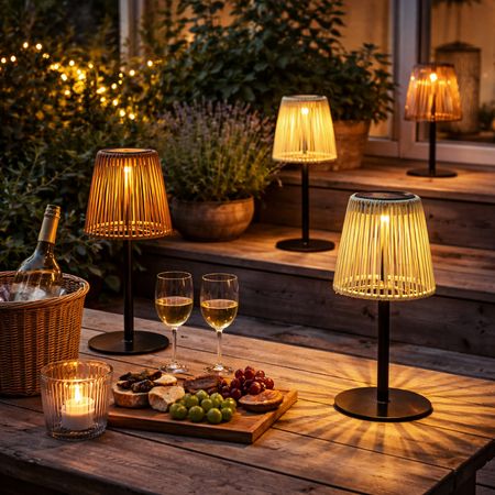 formano 3er Set Solar LED Gartenlampe Rattan Optik Solarleuchten Außen Outdoor Gartenlicht Balkon Terrasse Tischlampe Garten Deko mit warmweißem Licht, Metall & Rattanlook, Höhe 32 cm