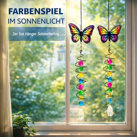 formano 2er Set Schmetterling Fensterhänger aus Farbglas Deko Hänger 51 cm Bunt Glas Fensterhänger mit Kristallen & Spirale Glasanhänger Dekorativer Fenster Schmuck für Balkon, Garten oder Fenster