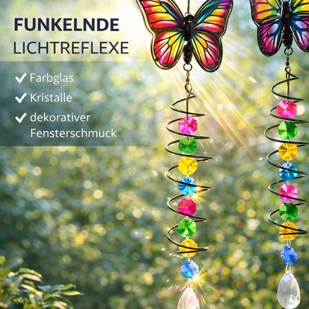 formano 2er Set Schmetterling Fensterhänger aus Farbglas Deko Hänger 51 cm Bunt Glas Fensterhänger mit Kristallen & Spirale Glasanhänger Dekorativer