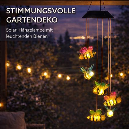 formano Solar Mobile Bienen Solar Hängelampe Garten & Balkon mit warmweißem LED Licht Biene aus buntem Acryl, dekorative Solar Hängedeko Terrasse, Dämmerungssensor, IP44, Höhe 60 cm