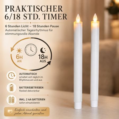 formano LED Stabkerzen 2er Set cremeweiß flackernde LED Kerzen 24 cm mit beweglicher Flamme, Timer 6/18 Std., inkl. 2 AA Batterien, batteriebetriebene