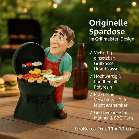 Kremers Schatzkiste Spardose Grillmeister 16 cm Lustige Sparbüchse aus Polyresin bunt – Geschenkidee für Männer, Vatertag, Geburtstag & BBQ-Fans –