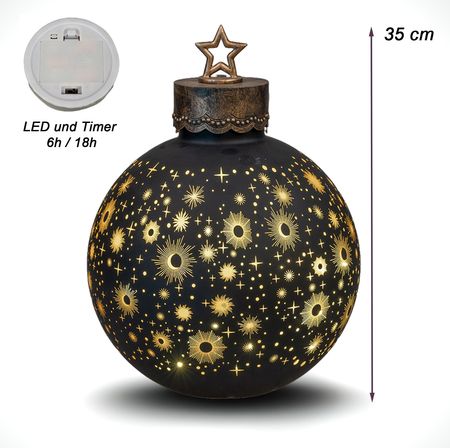 formano Deko-Kugel Schwarz 35cm mit LED Licht Timer Beleuchtete Glaskugel Deko - Weihnachtsdekoration Tisch Regal Deko-Kugel 6h/18h Timer Weihnachtskugel zum stellen