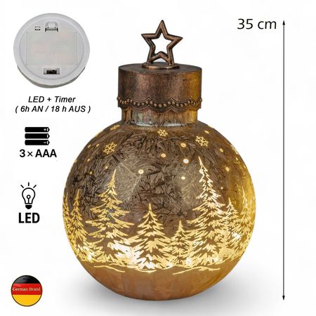 formano LED Deko-Kugel Frosty Gold 35 cm Glaskugel in Ice-Optik Timer 6h / 18h beleuchtet - Batteriebetrieben – Herbst Winter Weihnachtsdeko für Tisch Regal Fensterbank