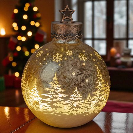 formano LED Deko-Kugel Frosty Gold 35 cm Glaskugel in Ice-Optik Timer 6h / 18h beleuchtet - Batteriebetrieben – Herbst Winter Weihnachtsdeko für Tisch Regal Fensterbank