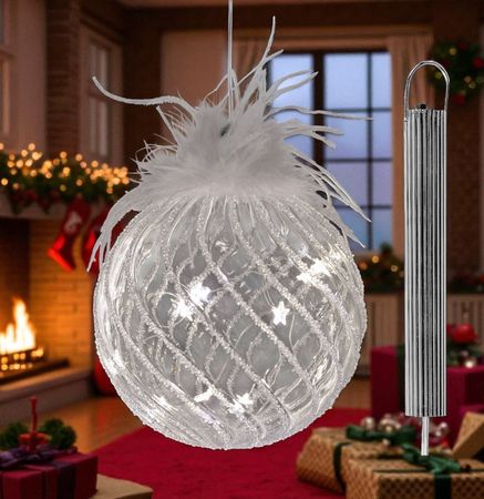 Weihnachtskugel LED Timer Glaskugel 15cm zum Hängen Hängedeko Glas weißen Federn & Licht – Batteriebetrieben -Elegante LED Kugel als festliche Weihnachtsbeleuchtung & Lichtdeko für Zuhause