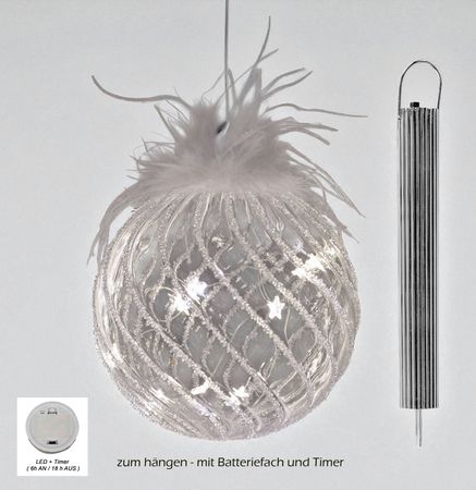 Weihnachtskugel LED Timer Glaskugel 15cm zum Hängen Hängedeko Glas weißen Federn & Licht – Batteriebetrieben -Elegante LED Kugel als festliche Weihnachtsbeleuchtung & Lichtdeko für Zuhause
