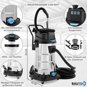 BAUTEC Industriesauger 80 L 3.400 W » Set inkl. 10m Schlauch, Düsen- und Filterset » Nass-Trockensauger