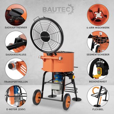 BAUTEC Kombiset » Zwangsmischer 120 L (1,1 KW / 230 V) + Industriesauger 80 L » Mischmaschine » Mörtelmischer