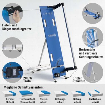 BAUTEC Styroporschneider GAZELLE 2.2 + STYROCUTTER 250W » Profi-Set (10 Schneidedrähte, Gerüsthalterung, Fußschalter, Schleifraspel, Styrogrips, Klingenset)