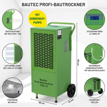 BAUTEC Bautrockner mit Kondensatpumpe » 1.350 Watt » Entfeuchtung 158 Liter/Tag, Ware: A