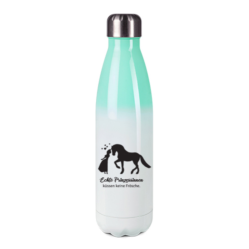 Edelstahl-Thermosflasche mint/weiß mit Druck: Prinzessinnen küssen keine Frösche