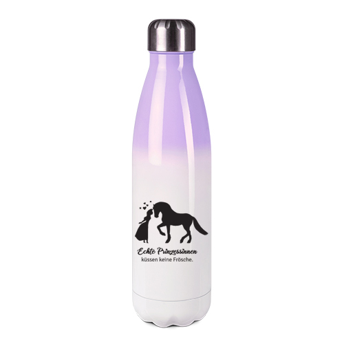 Edelstahl-Thermosflasche lila/weiß mit Druck: Prinzessinnen küssen keine Frösche