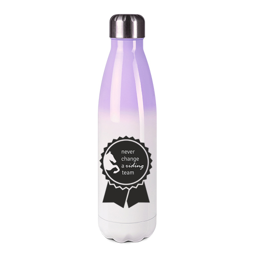 Edelstahl-Thermosflasche lila/weiß mit Druck: never change a riding team 