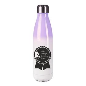 Edelstahl-Thermosflasche lila/weiß mit Druck: never change a riding team 