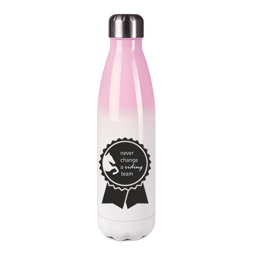 Edelstahl-Thermosflasche rosa/weiß mit Druck: never change a riding team 