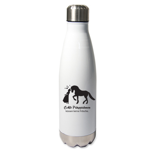 Edelstahl-Thermosflasche weiß mit Druck: Prinzessinnen küssen keine Frösche