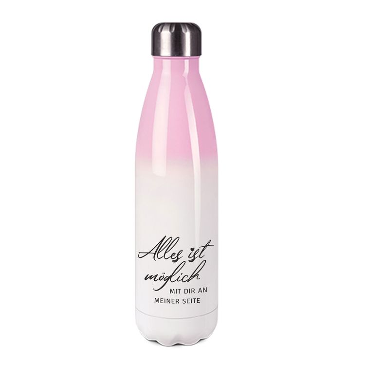 Edelstahl-Thermosflasche rose/weiß mit Druck: ALLES IST MÖGLICH MIT DIR AN MEINER SEITE