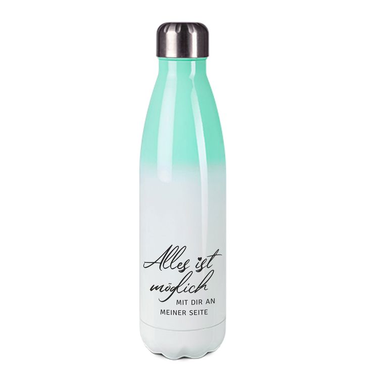 Edelstahl-Thermosflasche mint/weiß mit Druck: ALLES IST MÖGLICH MIT DIR AN MEINER SEITE