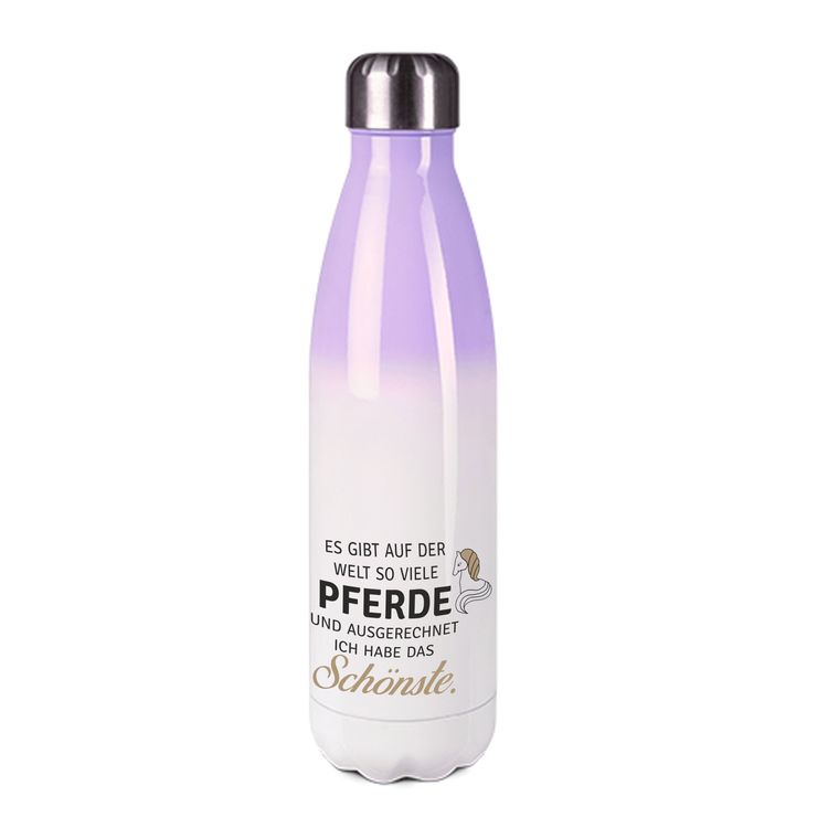 Edelstahl-Thermosflasche purple/weiß mit Druck: ES GIBT AUF DER WELT SO VIELE PFERDE UND AUSGERECHNET ICH HABE DAS SCHÖNSTE