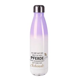 Edelstahl-Thermosflasche purple/weiß mit Druck: ES GIBT AUF DER WELT SO VIELE PFERDE UND AUSGERECHNET ICH HABE DAS SCHÖNSTE