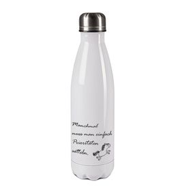 Edelstahl-Thermosflasche weiß/weiß mit Druck: MANCHMAL MUSS MAN EBEN PRIORITÄTEN SATTELN