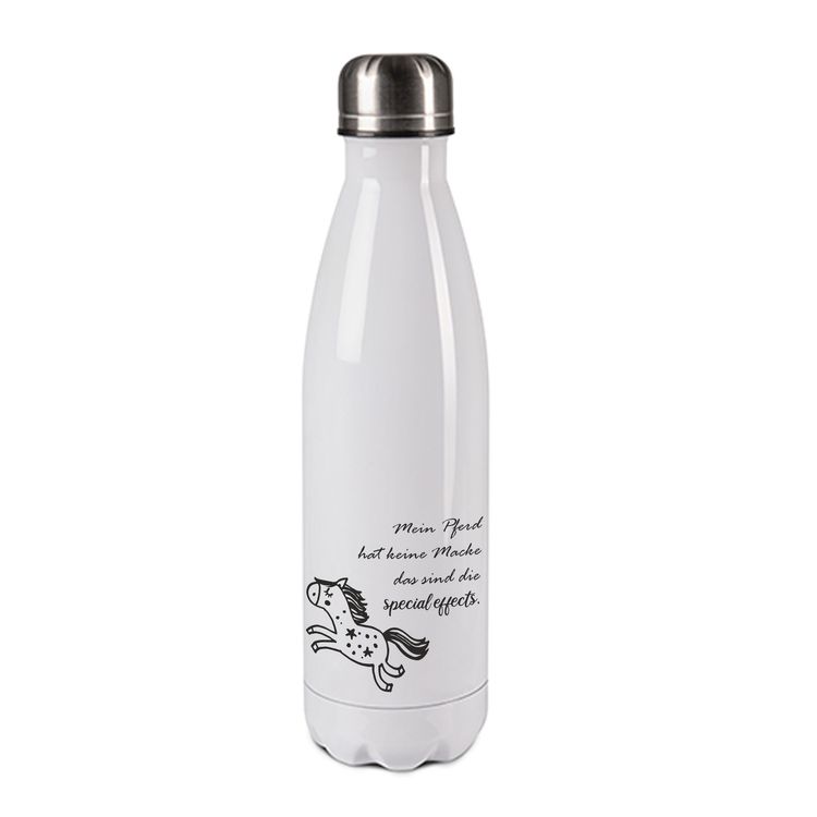 Edelstahl-Thermosflasche weiß/weiß mit Druck: MEIN PFERD HAT KEINE MACKEN....DAS SIND SPECIALEFFECTS