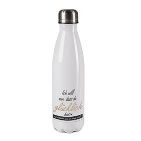 Edelstahl-Thermosflasche weiß/weiß mit Druck: ICH WILL NUR, DAS DU GLÜCKLICH BIST. UND VIELLEICHT AUCH EIN WENIG NACKT