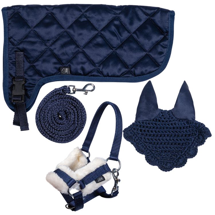 Hobby Horse Set in dunkelblau (Halfterset, Decke, Haube)