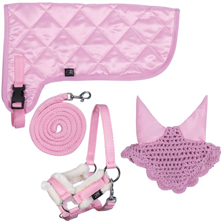 Hobby Horse Set in rosa (Halfterset, Decke, Haube)