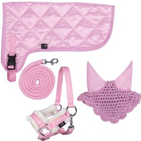 Hobby Horse Set in rosa (Halfterset, Decke, Haube)