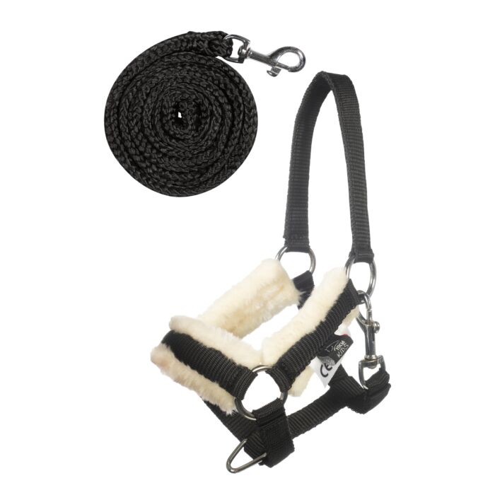 HKM Hobby Horse Halfter mit Kunstfell und Strick in schwarz