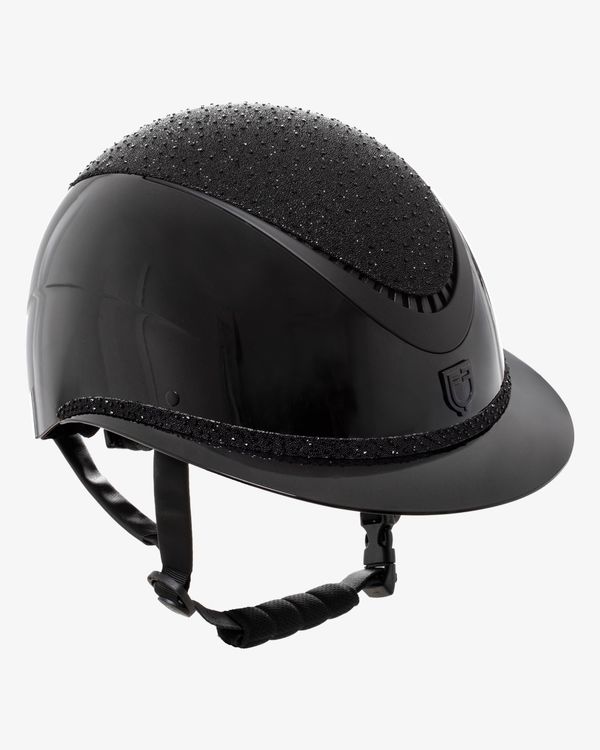 Equestro Reithelm Luxury mit Strasssteinen und großem Visier black-black
